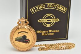 A BOXED NOVELTY POCKET WATCH, manual wind, full hunter pocket watch, depicting the Flying Scotsman