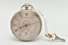 A VICTORIAN OPEN FACE POCKET WATCH, key wound movement, silver tone dial with floral detail, gold
