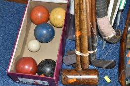 A BOX AND LOOSE VINTAGE GOLF CLUBS, WALKING STICKS, UMBRELLAS AND SUNDRY ITEMS, to include four