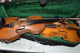 TWO VIOLINS, comprising a late 19th/early 20th century violin (possibly German) with an ebony chin