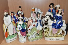 A GROUP OF STAFFORDSHIRE FLATBACK FIGURES AND SIMILAR, comprising Dick Turpin, W.G. Grace (chipped