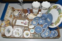 ONE BOX OF NAMED CERAMICS, to include a Wedgwood blue Jasperware collection of trinket boxes and