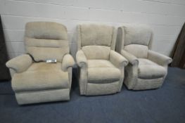 THREE BEIGE ARMCHAIRS, to include a HSL rise and recline armchair, and two other armchairs (