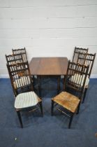 AN EARLY 20TH CENTURY MAHOGANY DROP LEAF TABLE, with a single frieze drawer, on turned legs, open