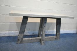 A MODERN STONE EFFECT RECTANGULAR CONSOLE TABLE, on shaped wooden legs, width 145cm x depth 42cm x