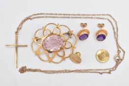 ASSORTED JEWELLERY, to include a 9ct gold polished cross pendant, hallmarked 9ct London, fitted with