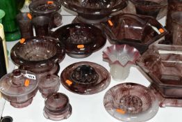 A QUANTITY OF PURPLE RICHARDSONS CLOUD GLASS WARES, to include vases, bowl with stand, approximate