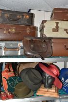 A COLLECTION OF VINTAGE SUITCASES, TRUNKS, BAGS AND HATS, comprising a navy blue and white