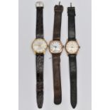 THREE WRISTWATCHES, the first a 9ct gold wristwatch, hand wound movement, Arabic numerals,