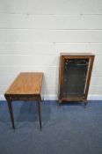 AN EDWARDIAN MAHOGANY DROP LEAF TABLE, with a single frieze drawer, on square tapered legs and brass