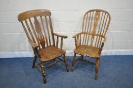 A 19TH CENTURY ELM SEATED WINDSOR ARMCHAIR, with spindled backrest and a central splat, turned