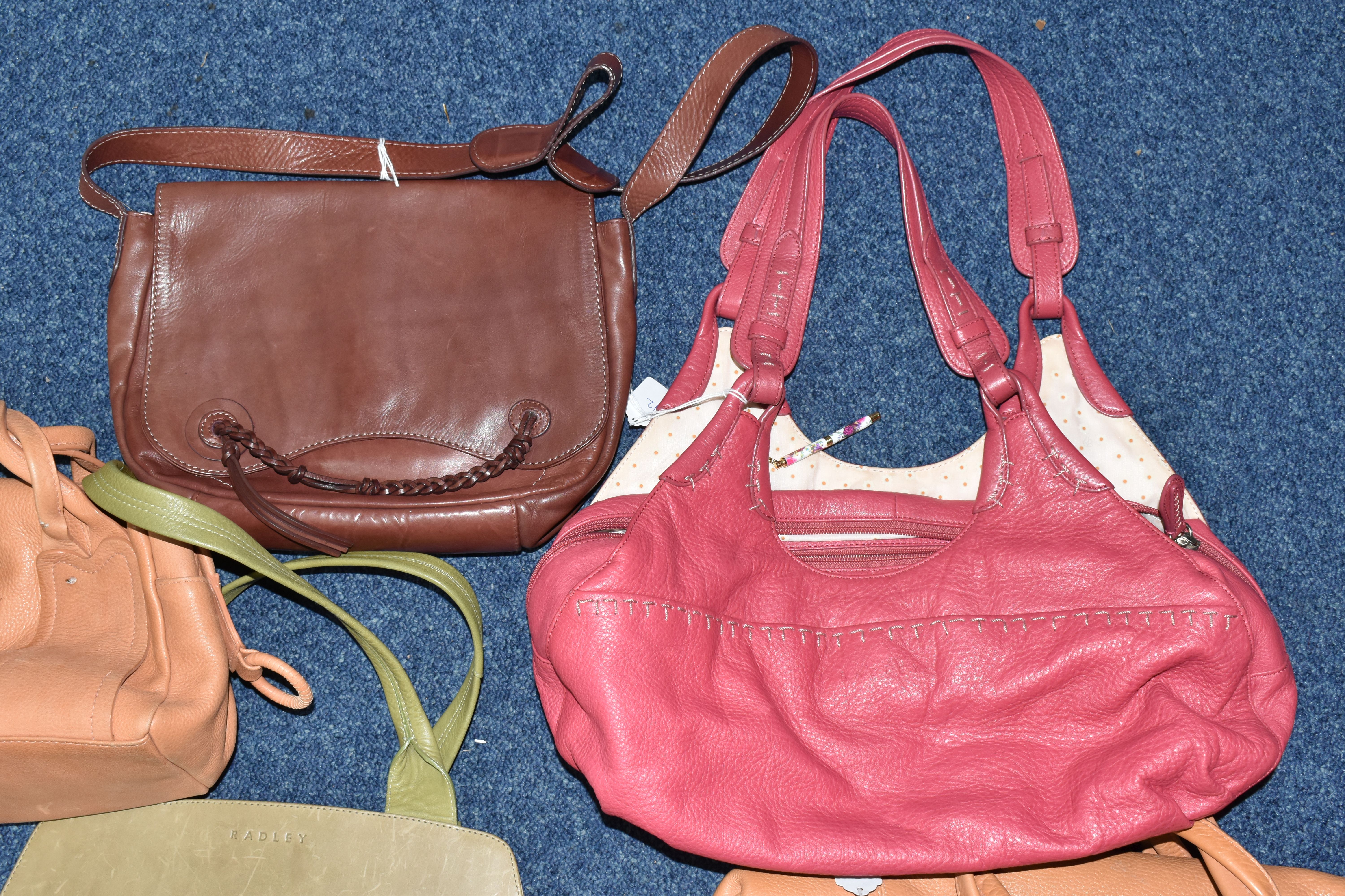 TWO TAN COLOURED RADLEY HANDBAGS, approximate widths 26cm and 36cm, together with a brown shoulder - Image 5 of 14