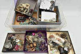 A BOX OF ASSORTED COSTUME JEWELLERY, to include various beaded necklaces, chain necklaces, brooches,