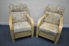 A PAIR OF RATTAN CONSERVATORY ARMCHAIRS, width 72cm x depth 89cm x height 92cm (condition report: