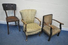 THREE VARIOUS PERIOD CHAIRS, to include an oak framed open armchair, on front cabriole legs, another