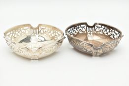A PAIR OF GEORGE V SILVER BONBON DISHES OF SHAPED SQUARE FORM, foliate and geometric pierced
