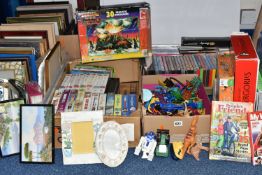 SIX BOXES AND LOOSE TOYS, GAMES, DVDS, VHS TAPES, PICTURES AND SUNDRY ITEMS, to include modern