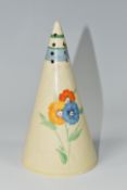 A CLARICE CLIFF CONICAL SUGAR SIFTER, in 'Fleur' pattern, painted with blue, yellow and orange