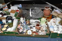 FIVE BOXES AND LOOSE CERAMICS, GLASS AND SUNDRY ITEMS, to include a puzzle jug by Holland Pottery