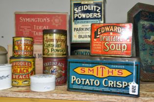A GROUP OF VINTAGE ADVERTISING PACKAGING, comprising eight tins to include Smith's Potato Crisps,