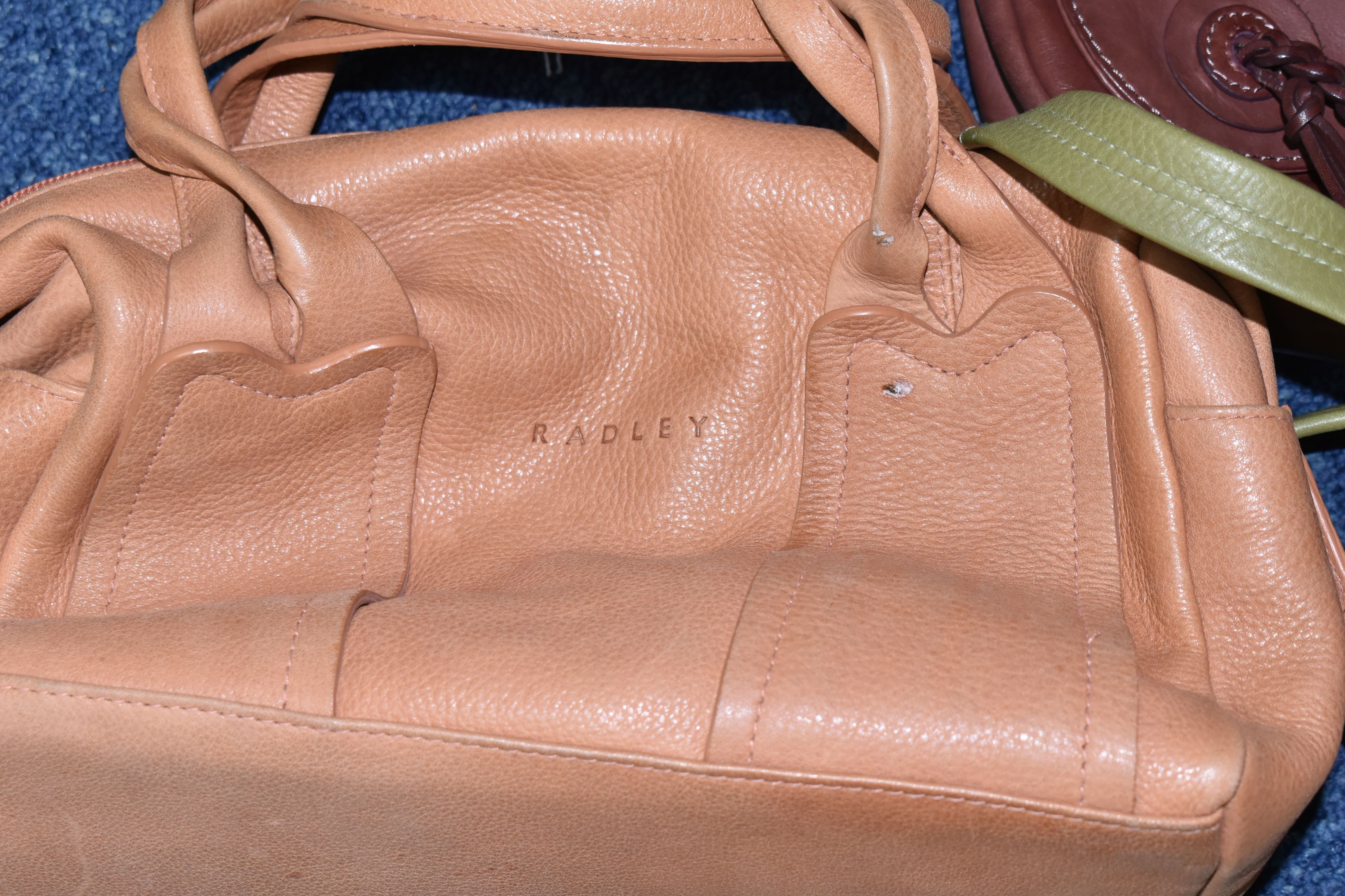 TWO TAN COLOURED RADLEY HANDBAGS, approximate widths 26cm and 36cm, together with a brown shoulder - Image 4 of 14