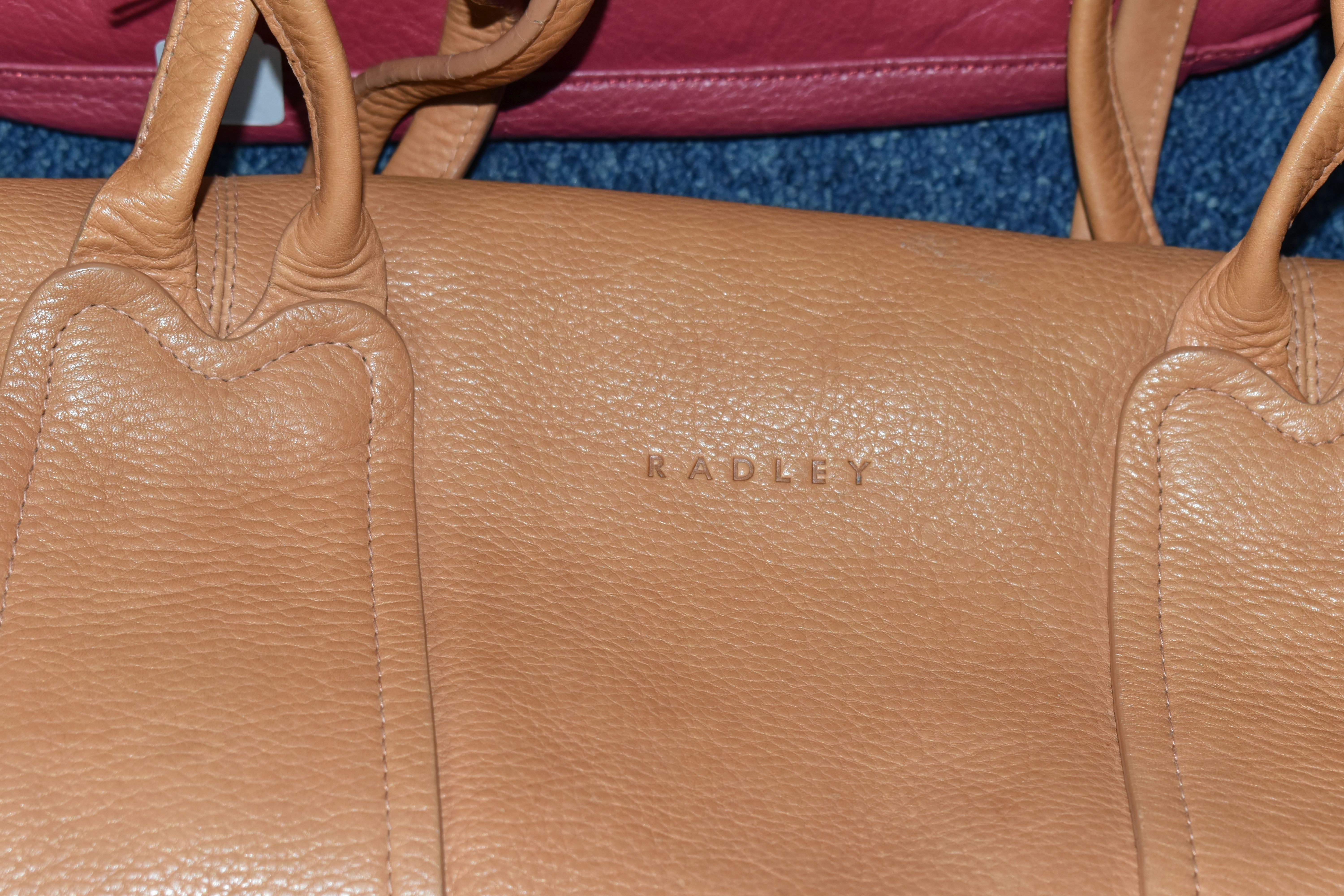 TWO TAN COLOURED RADLEY HANDBAGS, approximate widths 26cm and 36cm, together with a brown shoulder - Image 2 of 14