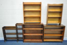 FIVE VARIOUS 20TH CENTURY OPEN BOOKCASES, largest width 92cm x depth 23cm x height 92cm (condition