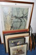 A SMALL QUANTITY OF PAINTINGS AND PRINTS, to include a watercolour detail of Worcester signed R.D.H.