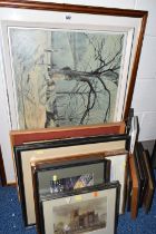 A SMALL QUANTITY OF PAINTINGS AND PRINTS, to include a watercolour detail of Worcester signed R.D.H.