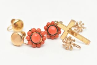 THREE PAIRS OF EARRINGS AND ONE CROSS PENDANT, to include a pair of coral cluster earrings, a pair