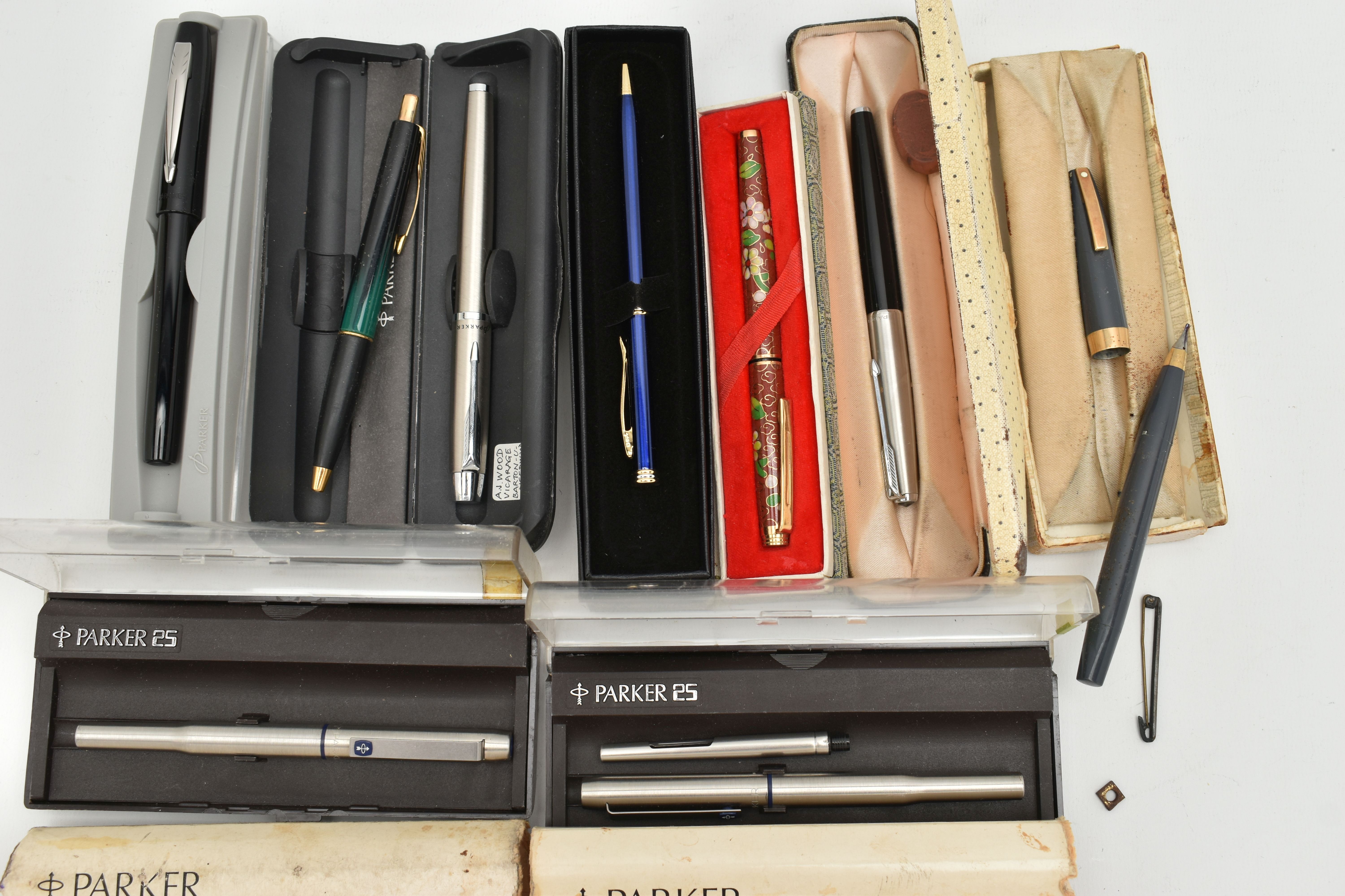 ASSORTED PENS, to include five boxed 'Parker' fountain pens, a 'Parker Frontier' ball point pen, and