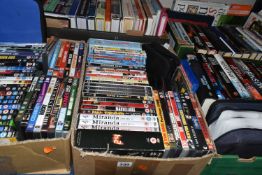 FIVE BOXES OF BOOKS, CDS AND DVDS, containing approximately seventy book titles in hardback and