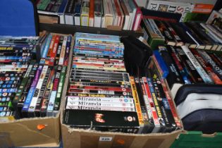 FIVE BOXES OF BOOKS, CDS AND DVDS, containing approximately seventy book titles in hardback and