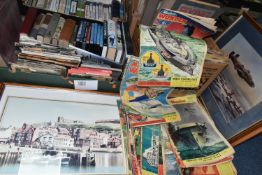 FOUR BOXES OF BOOKS, MAGAZINES, DVDs & PRINTS relating to Aircraft & War, forty book titles are in
