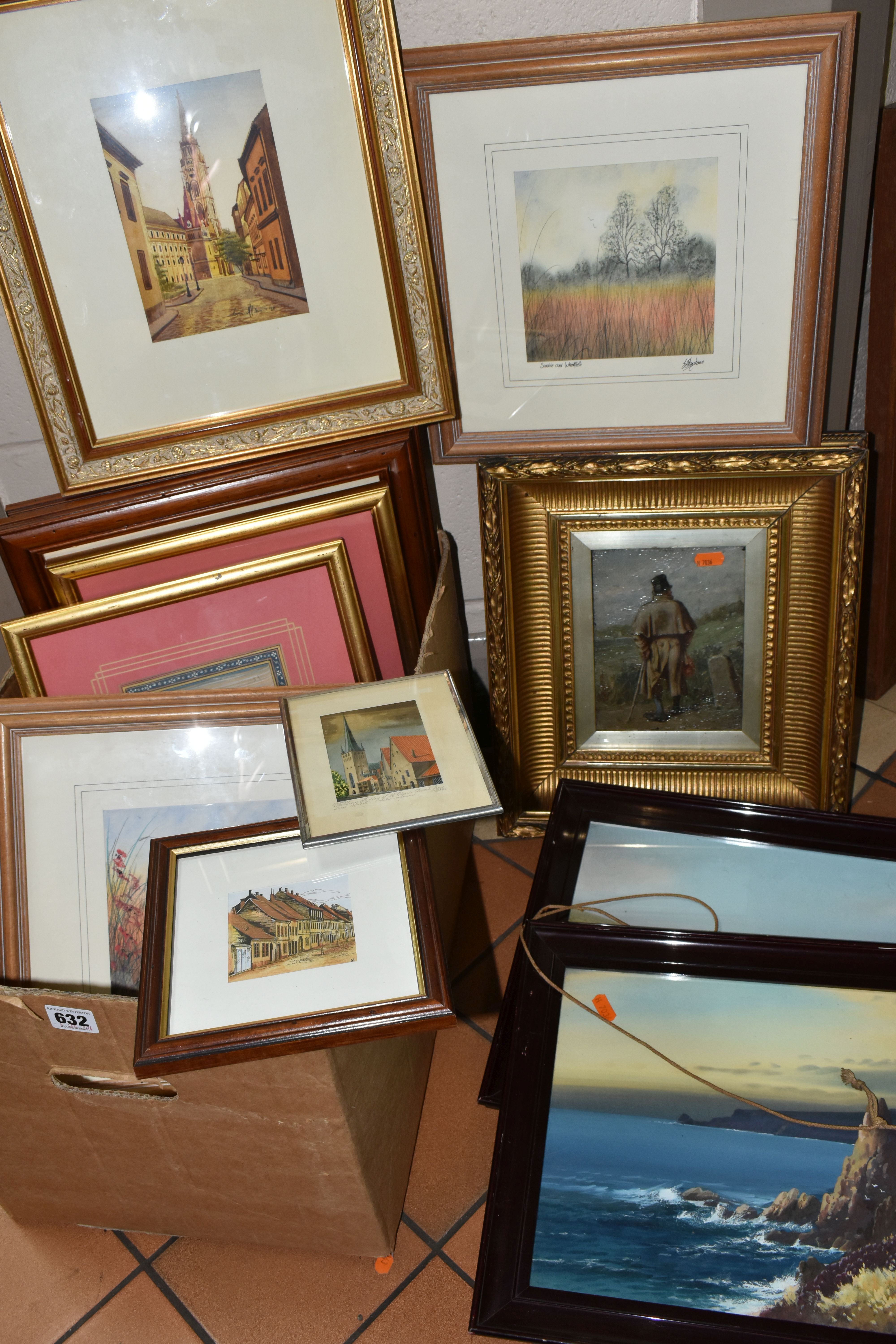 A BOX OF 20TH CENTURY PAINTINGS, comprising an oil on board depicting a Victorian style male