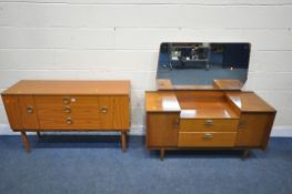 A MID CENTURY TEAK EFFECT SCHREIBER SIDEBOARD, with two cupboard doors, flanking there graduated