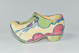 A CLARICE CLIFF SMALL SABOT/CLOG, in Pastel Autumn pattern, painted with pastel coloured trees and a
