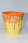 A CLARICE CLIFF 'BIZARRE' STEPPED VASE, with dripped orange, blue, green and yellow glaze,