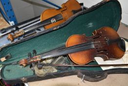TWO EARLY 20TH CENTURY VIOLINS, both Czechoslovakian made, one has a paper label inside K.H. '