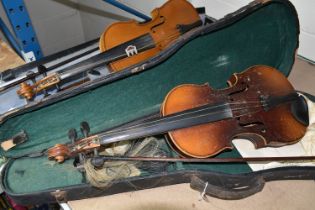 TWO EARLY 20TH CENTURY VIOLINS, both Czechoslovakian made, one has a paper label inside K.H. '