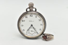A POCKET WATCH AND RING, the silver Waltham pocket watch with black Arabic numerals, subsidiary