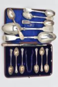 A SMALL ASSORTMENT OF SILVER CUTLERY, to include a cased set of six teaspoons and a pair of sugar