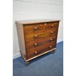 A VICTORIAN FLAME MAHOGANY CHEST OF TWO SHORT OVER THREE LONG DRAWERS, on turned feet and later