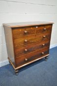 A VICTORIAN FLAME MAHOGANY CHEST OF TWO SHORT OVER THREE LONG DRAWERS, on turned feet and later