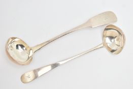 TWO SCOTTISH SILVER SAUCE LADLES, the first a fiddle pattern ladle with monogram engraving,