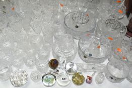 A QUANTITY OF ASSORTED GLASSWARES ETC, mostly cut glass drinking glasses, to include Tutbury