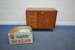 A MID CENTURY TEAK SEWING CABINET, with a hinged lid, four drawers and a cupboard door, width 86cm x