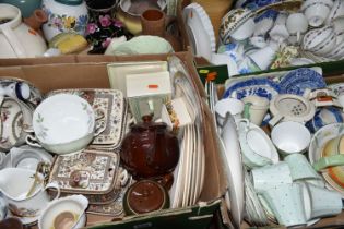 FOUR BOXES OF ASSORTED CERAMICS, to include Dakin, Crescent and Aynsley tea wares, Palmyra dishes