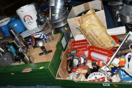 SIX BOXES OF BREWERIANA, to include a quantity of optics, beer pump equipment, many are new and