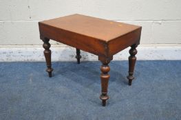 A VICTORIAN MAHOGANY BIDET, with ceramic insert, on turned legs, width 61cm x depth 31cm x height